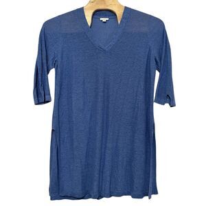 J.Jill Size Large Blue V-Neck Tunic Dress Linen Blend Boho Resort Side Slit Soft